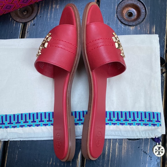 Tory Burch Everly Slides in Red with Gold Logo - Picture 10 of 10